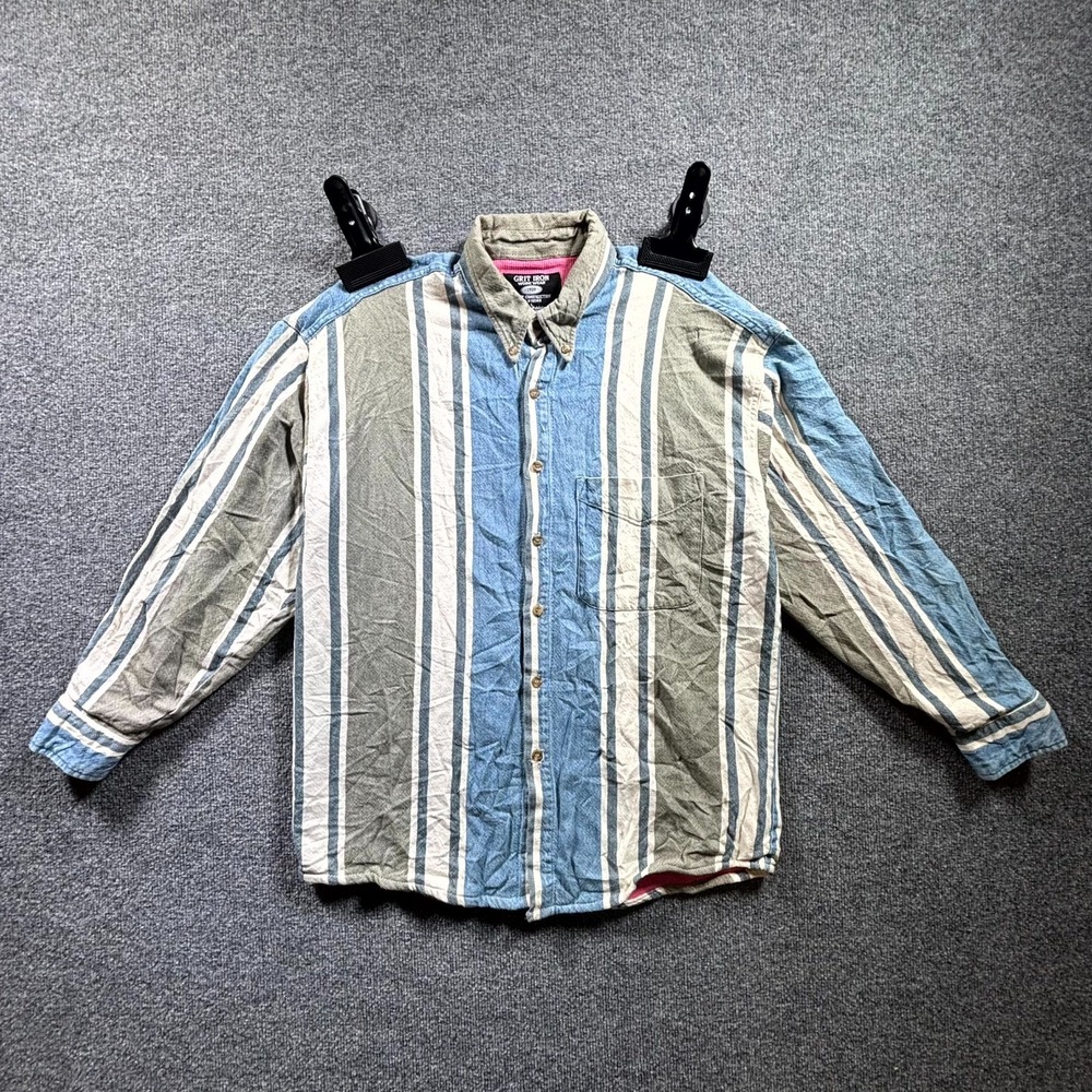 Vintage Grit Iron Workwear Shirt Mens Large Gray Blue Striped Cotton Button Down